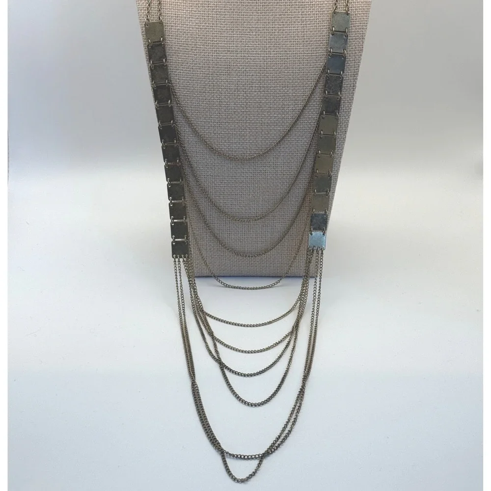 Layered Chain Necklace with Square Pendants Bronze‎ Tone Fashion Jewelry